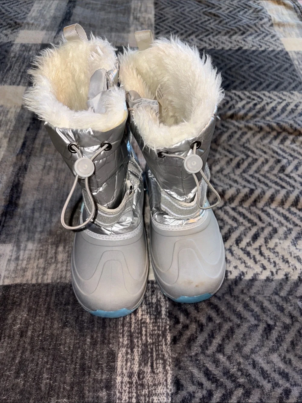 Kids Silver and Light Blue Insulated Snow Boots with Faux-Fur Cuff